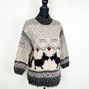 Handknit Wool Sweater Dog Motif Red Scarf Pattern Gray Winter Knit Medium